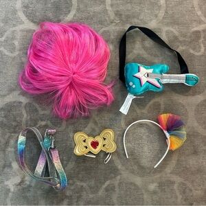 Build-A-Bear accessories wig, bow, guitar, hair band & leash.